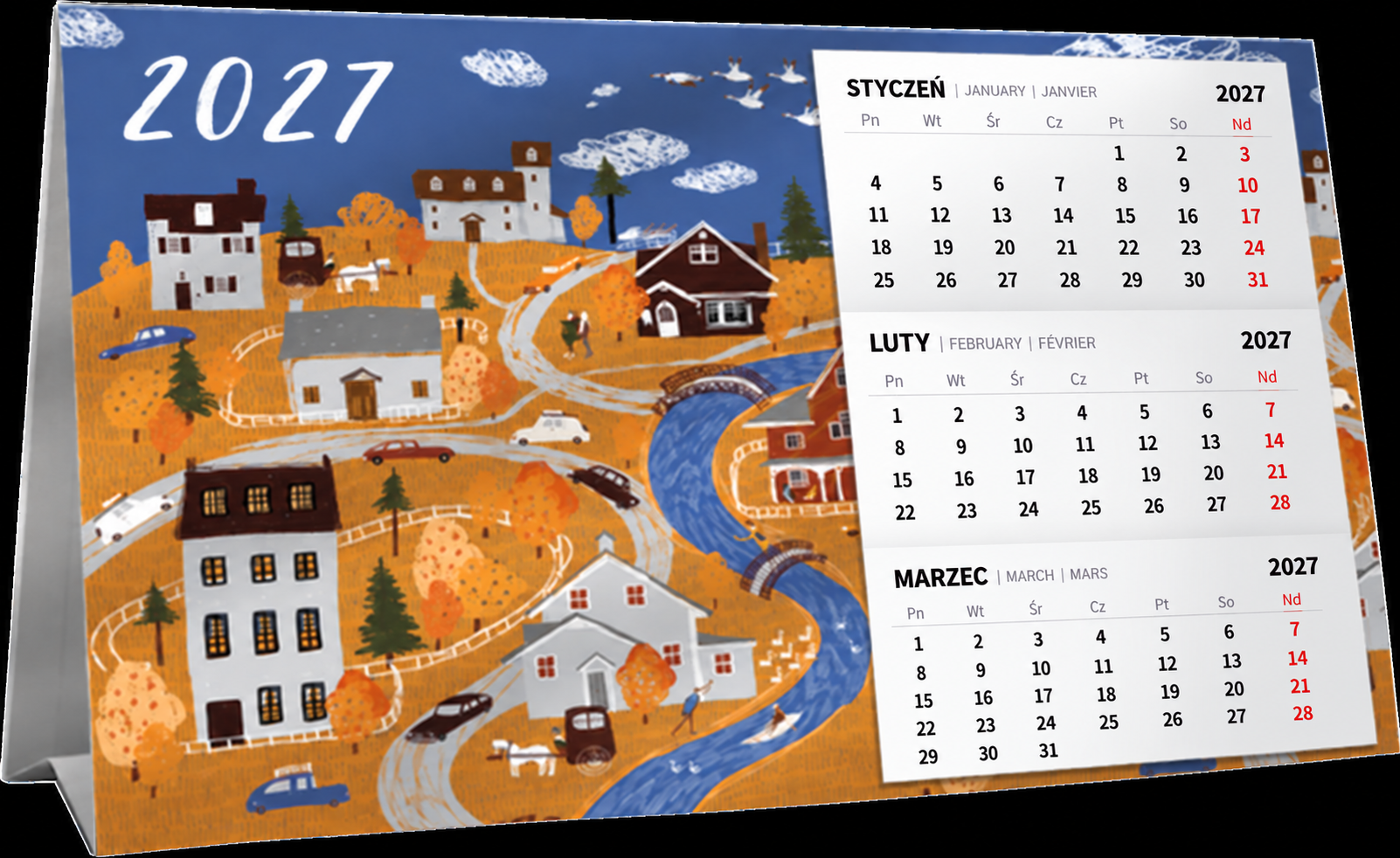 Kalendarz biurkowy 2027 z klejonymi kalendariami i jesienną ilustracją