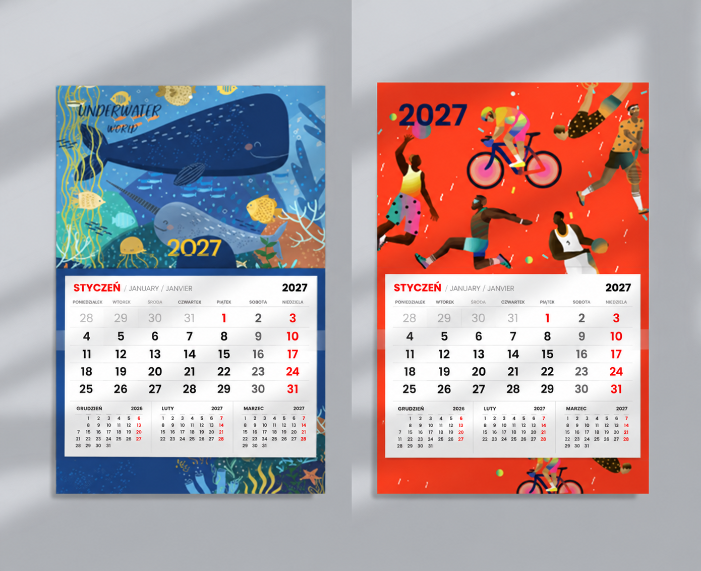 Kalendarze jednodzielne 2027 z ilustracją wieloryba i motywem sportowym