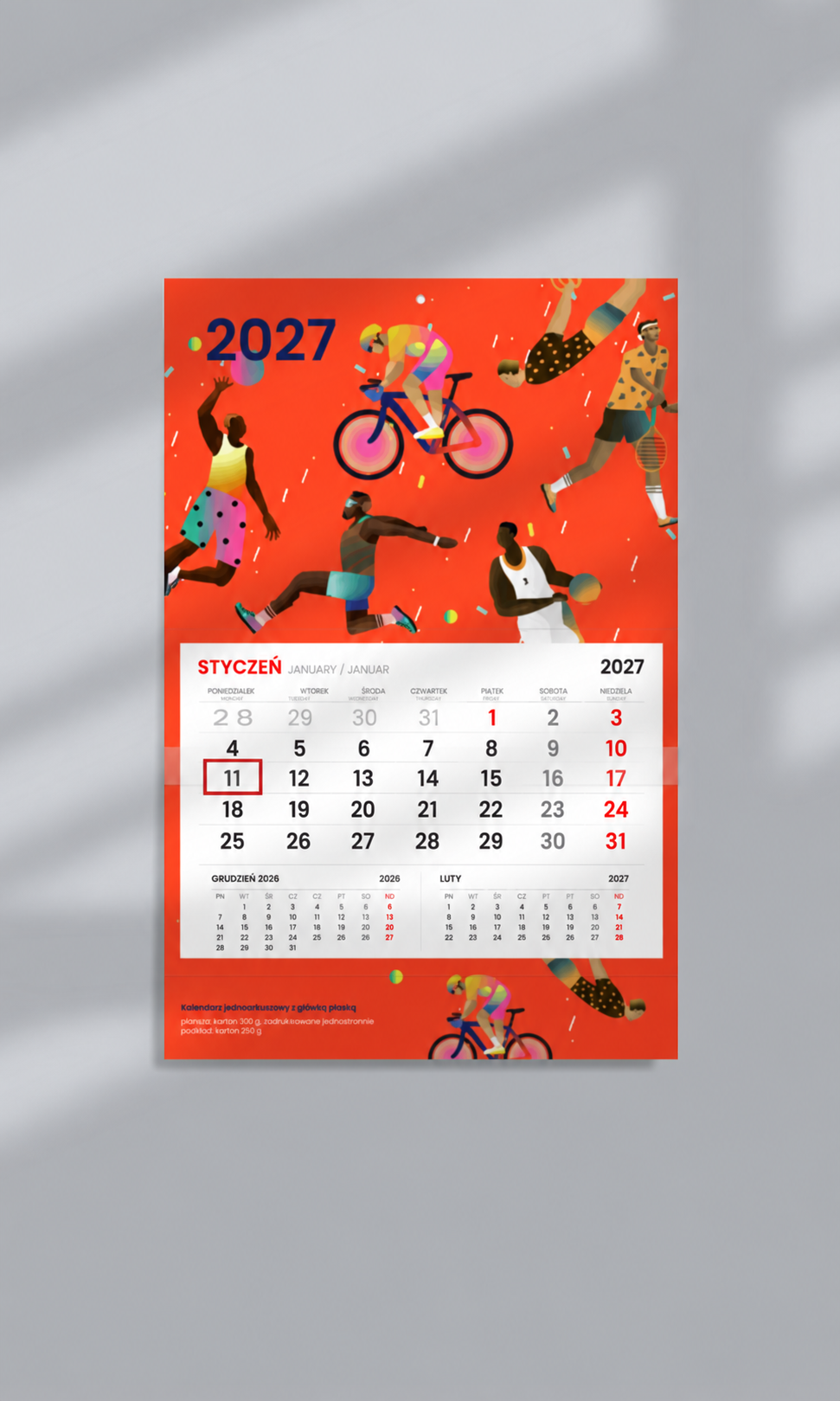 Kalendarz jednodzielny 2027 z płaską główką i motywem sportowym