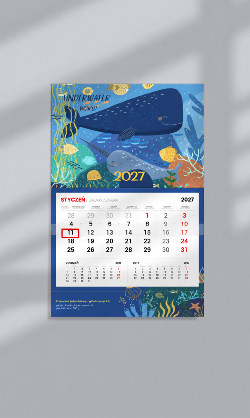 Kalendarz jednodzielny 2027 z wypukłą główką i ilustracją wieloryba